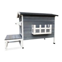 Säänkestävä puinen kissankoti ulkokäyttöön, 104,5 x 48 x 73,5 cm, harmaa-valkoinen, terassi ja pako-ovi