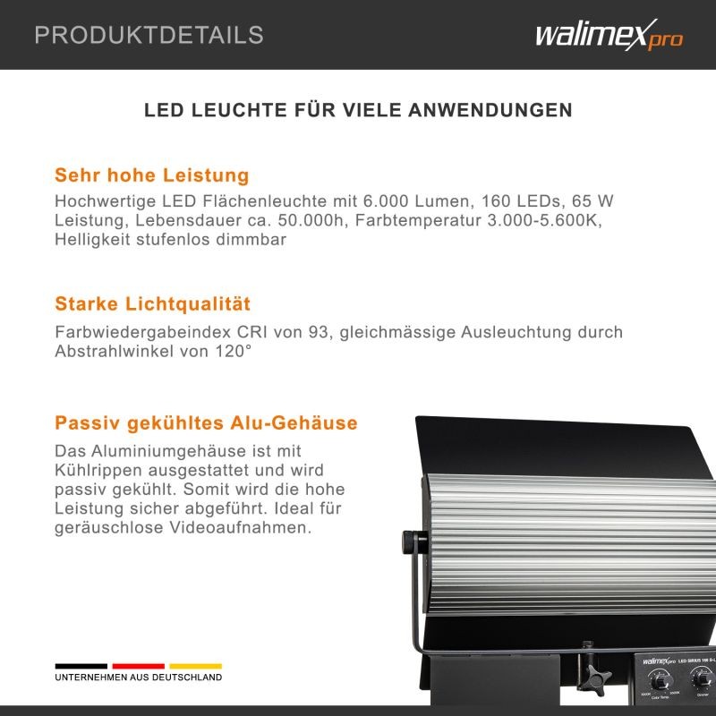Walimex pro Sirius 160 Daylight LED-paneelivalosetti, 65 W, 5600 K, jalusta 260 cm