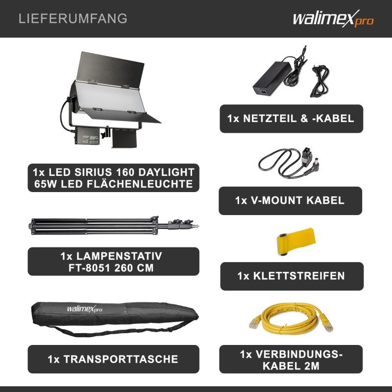 Walimex pro Sirius 160 Daylight LED-paneelivalosetti, 65 W, 5600 K, jalusta 260 cm