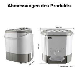 Matkapesukone 230 W, 60 x 36 x 60 cm, pesukapasiteetti 3,0 kg, linkityskapasiteetti 2,0 kg, harmaa