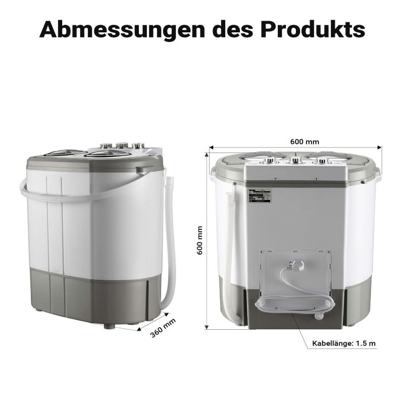 Matkapesukone 230 W, 60 x 36 x 60 cm, pesukapasiteetti 3,0 kg, linkityskapasiteetti 2,0 kg, harmaa
