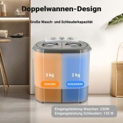 Matkapesukone 230 W, 60 x 36 x 60 cm, pesukapasiteetti 3,0 kg, linkityskapasiteetti 2,0 kg, harmaa