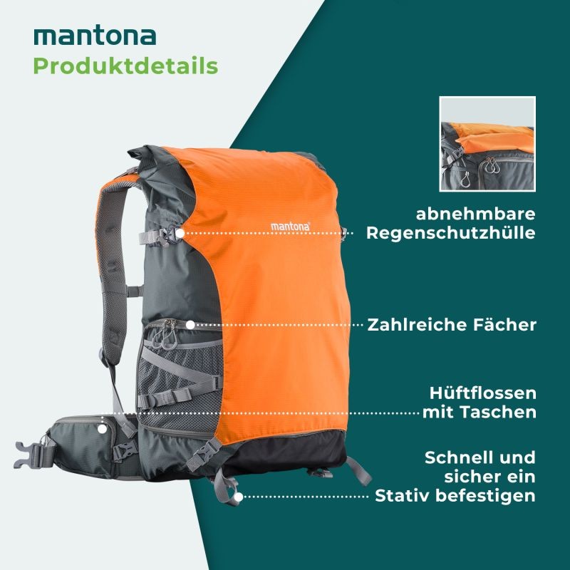 Mantona elementsPro 50 ammattitason ulkoilureppu ja kamerareppu, oranssi, 260 x 350 x 600 mm