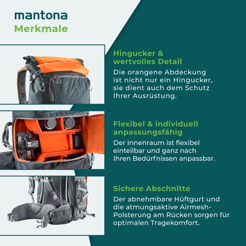 Mantona elementsPro 50 ammattitason ulkoilureppu ja kamerareppu, oranssi, 260 x 350 x 600 mm