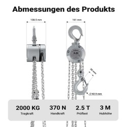 Alumiininen ketjunostin 2000 kg, nostokorkeus 3 m, G100-kuormitusketju