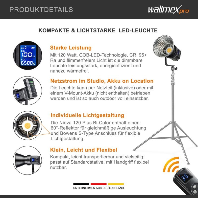 Walimex pro LED Niova 120 Compact Bi Color 120 W LED-videovalo, Bowens-liitäntä