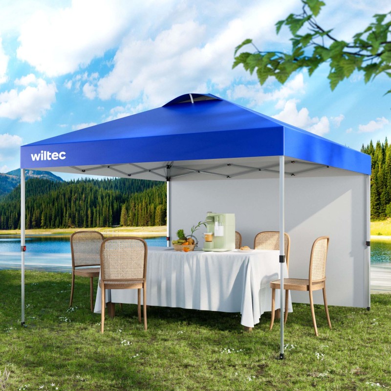 Pop-up-paviljonki 3 x 3 m, sininen, sivuseinällä, pyörillä, One Push -teknologia ja korkeussäädettävät jalat