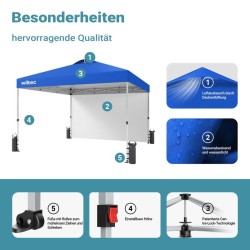 Pop-up-paviljonki 3 x 3 m, sininen, sivuseinällä, pyörillä, One Push -teknologia ja korkeussäädettävät jalat