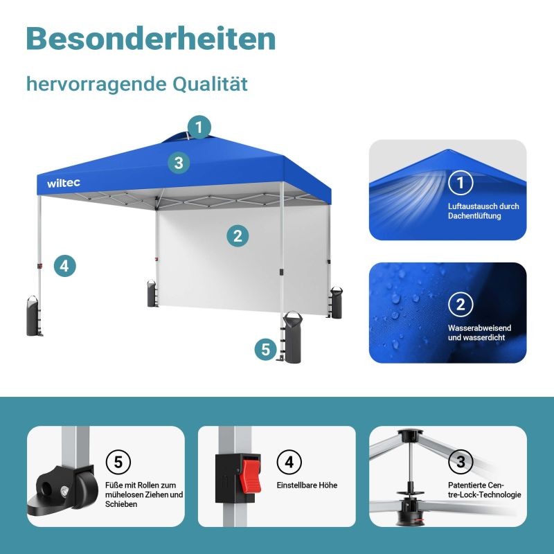 Pop-up-paviljonki 3 x 3 m, sininen, sivuseinällä, pyörillä, One Push -teknologia ja korkeussäädettävät jalat