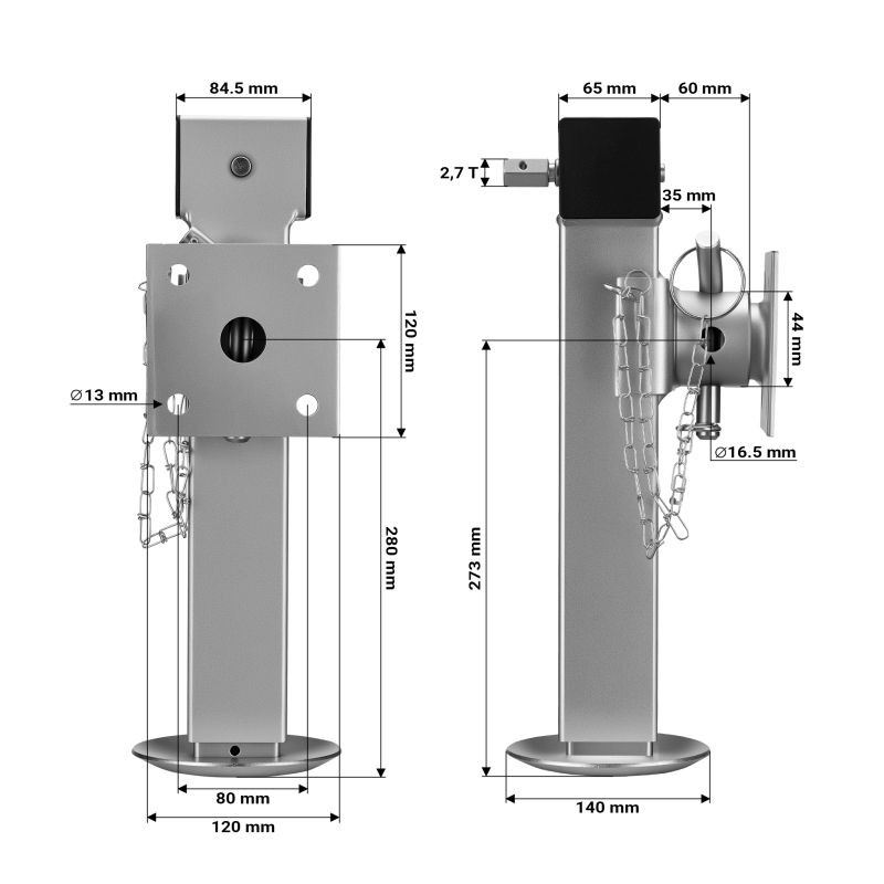 XPOtool Tukijalkasarja kippiperävaunuille ja autolavoille, 1350 kg/jalka, 240 mm nostovara, 140 x 140 x 415 mm