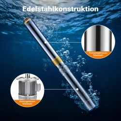 Syväkaivopumppu 100 mm, 550 W, 6000 l/h, max. nostokorkeus 59 m, max. upotussyvyys 20 m, ruostumaton teräs