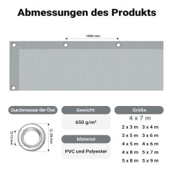 Säänkestävä suojapeite harmaa, 4 x 7 m, PVC-pinnoitettu polyesteri, 650 g/m², UV-suojaus