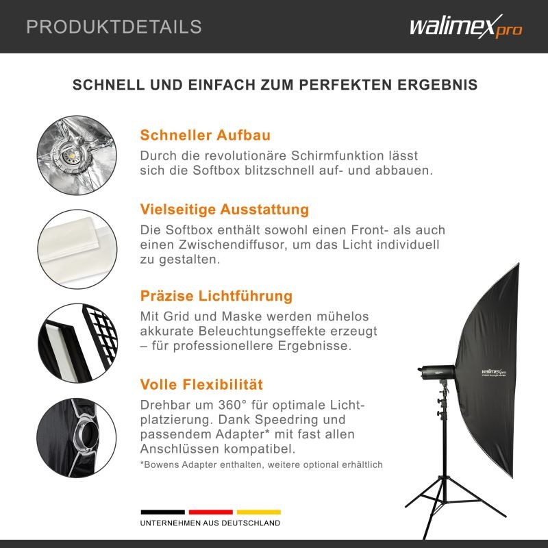 Walimex pro Studio Striplight-softbox 40x180 cm, kenno, maski, Bowens-adapteri, kuljetuslaukku