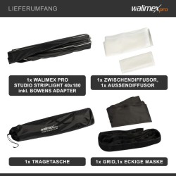 Walimex pro Studio Striplight-softbox 40x180 cm, kenno, maski, Bowens-adapteri, kuljetuslaukku