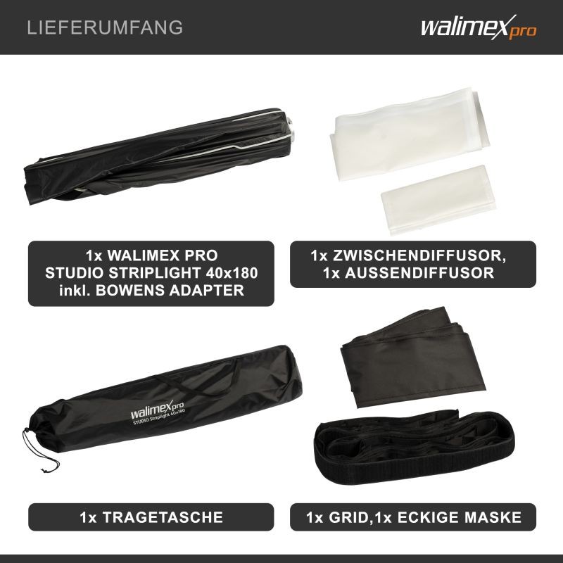 Walimex pro Studio Striplight-softbox 40x180 cm, kenno, maski, Bowens-adapteri, kuljetuslaukku