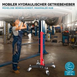 Hydraulinen vaihteistonnoste 500 kg, nostokorkeus 110-190 cm, tartuntakynsi ja 4 pyörää