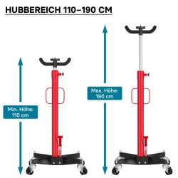 Hydraulinen vaihteistonnoste 500 kg, nostokorkeus 110-190 cm, tartuntakynsi ja 4 pyörää