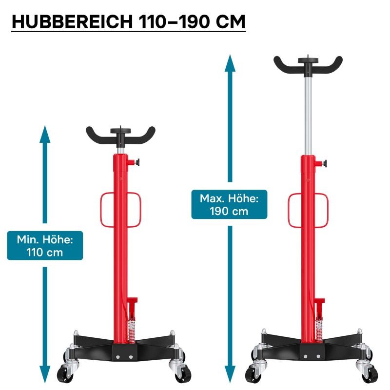 Hydraulinen vaihteistonnoste 500 kg, nostokorkeus 110-190 cm, tartuntakynsi ja 4 pyörää