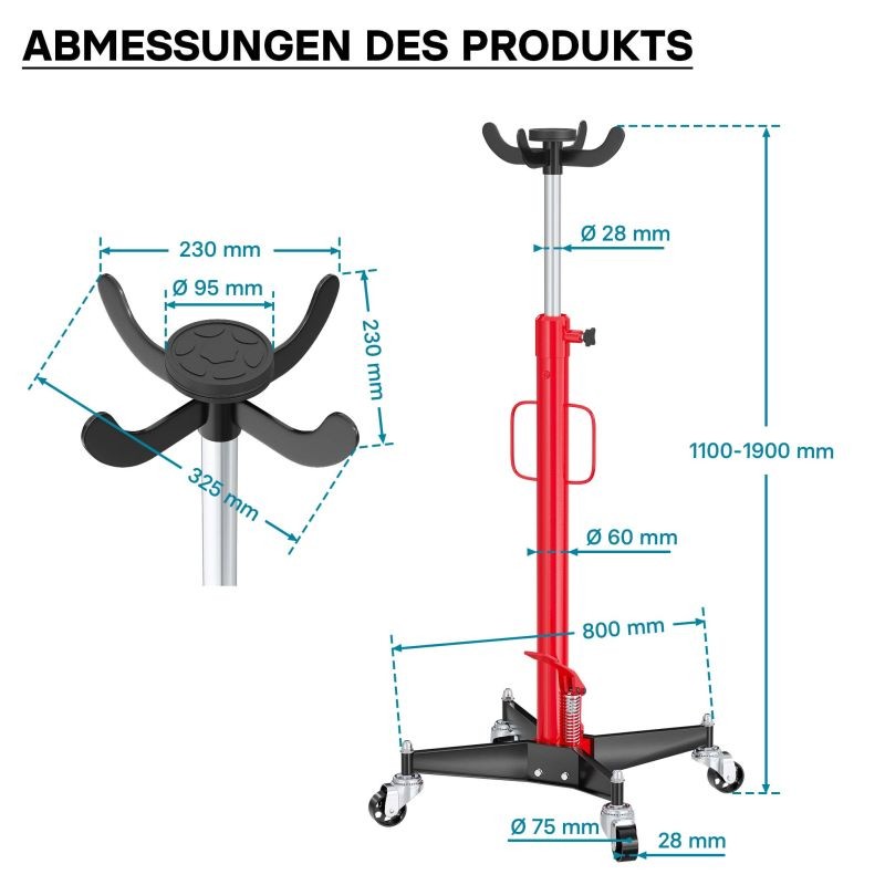 Hydraulinen vaihteistonnoste 500 kg, nostokorkeus 110-190 cm, tartuntakynsi ja 4 pyörää