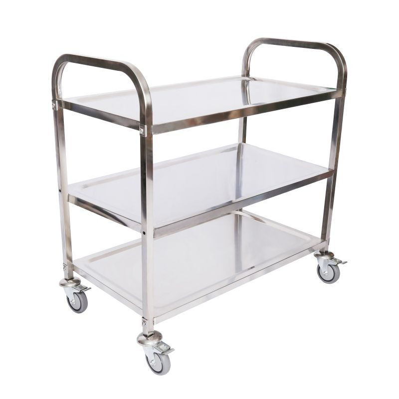 Tarjoiluvaunu ruostumaton teräs 304, 3 hyllyä, 150 kg, 936 x 560 x 945 mm, jarrulliset pyörät