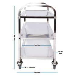 Tarjoiluvaunu ruostumaton teräs 304, 3 hyllyä, 150 kg, 936 x 560 x 945 mm, jarrulliset pyörät