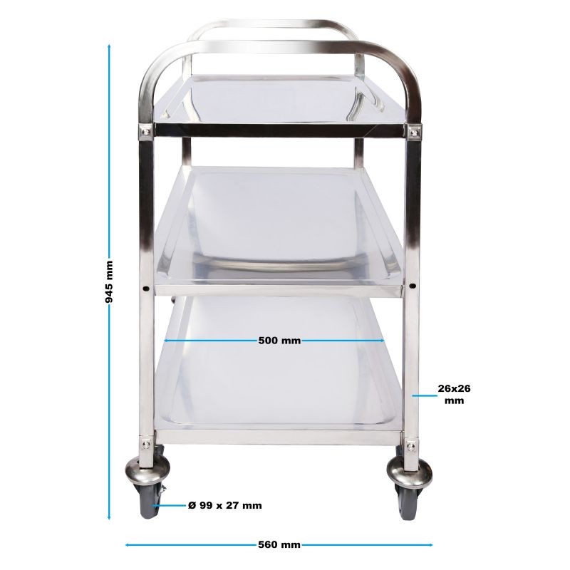 Tarjoiluvaunu ruostumaton teräs 304, 3 hyllyä, 150 kg, 936 x 560 x 945 mm, jarrulliset pyörät