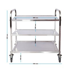 Tarjoiluvaunu ruostumaton teräs 304, 3 hyllyä, 150 kg, 936 x 560 x 945 mm, jarrulliset pyörät