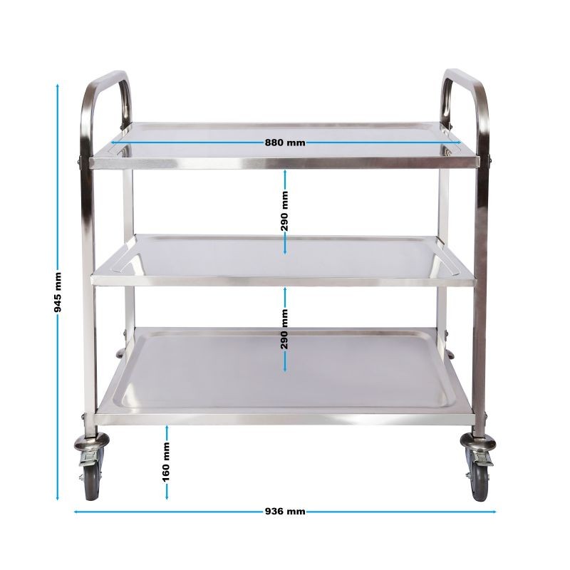 Tarjoiluvaunu ruostumaton teräs 304, 3 hyllyä, 150 kg, 936 x 560 x 945 mm, jarrulliset pyörät