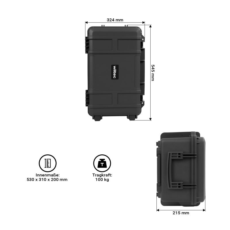 Vedenkestävä kuljetussalkku pyörillä 54,5 x 32,4 x 21,5 cm, PP ja lasikuitu, kuutiovaahtomuovilla, musta