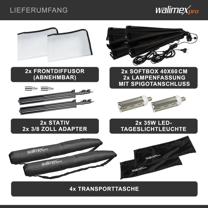 Walimex pro Softbox-setti 40 x 60 cm, 35 W LED, 2 kpl, FT-8051 jalustat