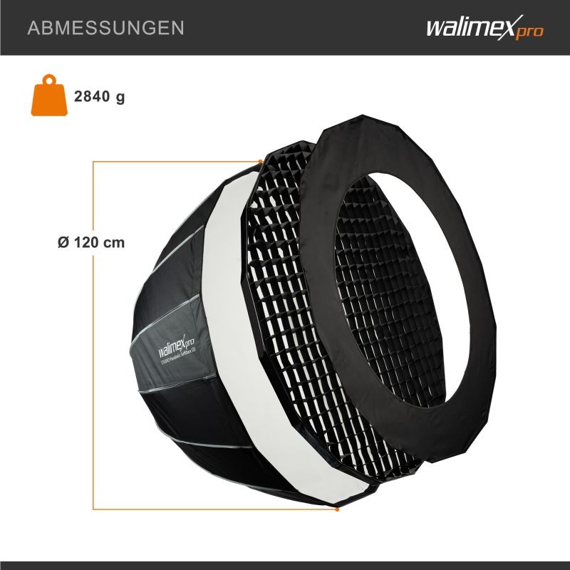 Walimex pro Parabolinen Softbox 120 cm, 16-kulmainen, sisältää kennon, maskin ja Bowens-adapterin