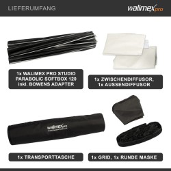 Walimex pro Parabolinen Softbox 120 cm, 16-kulmainen, sisältää kennon, maskin ja Bowens-adapterin