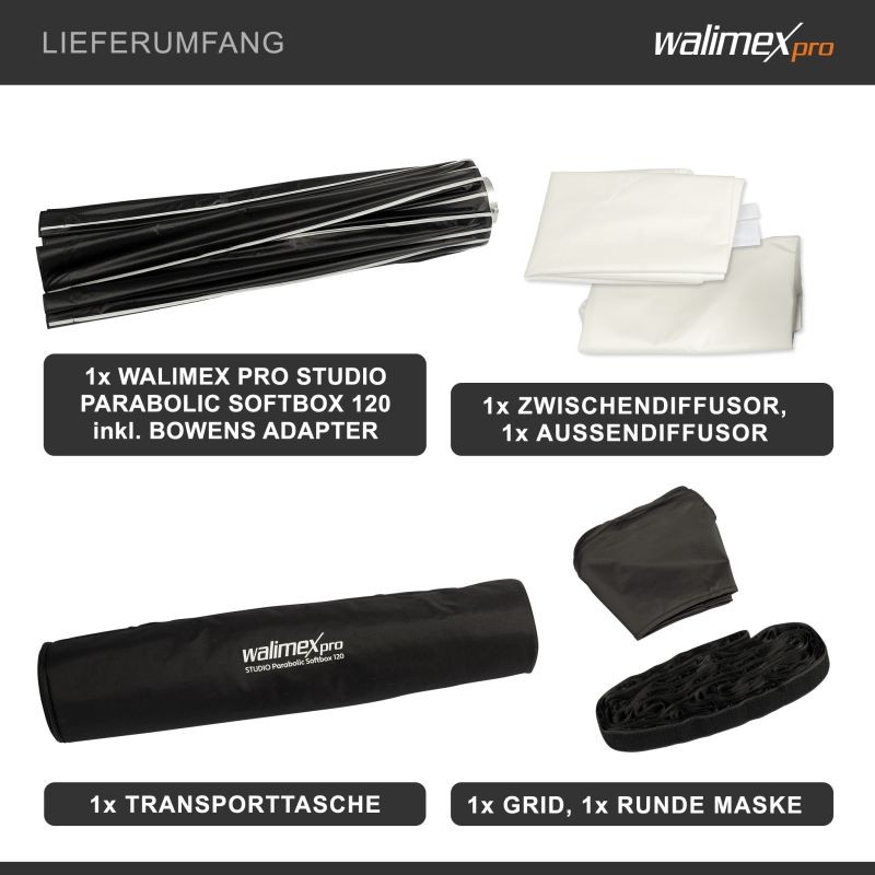 Walimex pro Parabolinen Softbox 120 cm, 16-kulmainen, sisältää kennon, maskin ja Bowens-adapterin