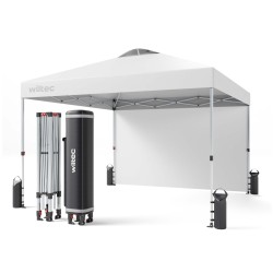 Pop up paviljonki 3 x 3 m valkoinen sivuseinällä pyörillä ja korkeussäädettävillä jaloilla