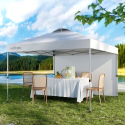 Pop-up-paviljonki 3 x 3 m, valkoinen, sivuseinällä, pyörillä ja korkeussäädettävillä jaloilla