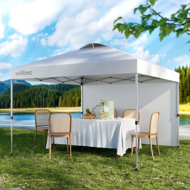 Pop-up-paviljonki 3 x 3 m, valkoinen, sivuseinällä, pyörillä ja korkeussäädettävillä jaloilla