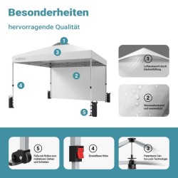 Pop-up-paviljonki 3 x 3 m, valkoinen, sivuseinällä, pyörillä ja korkeussäädettävillä jaloilla