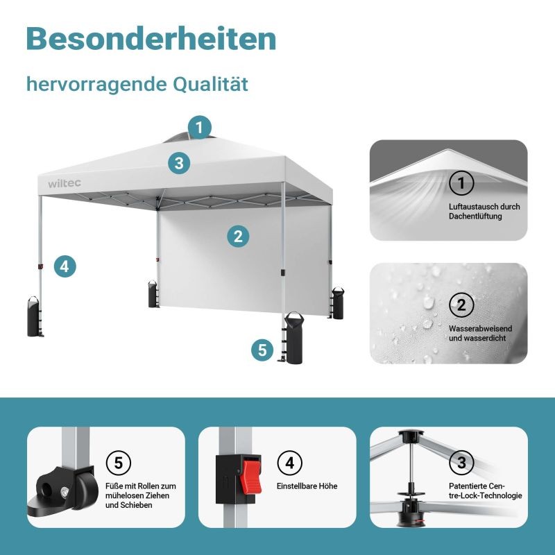 Pop-up-paviljonki 3 x 3 m, valkoinen, sivuseinällä, pyörillä ja korkeussäädettävillä jaloilla