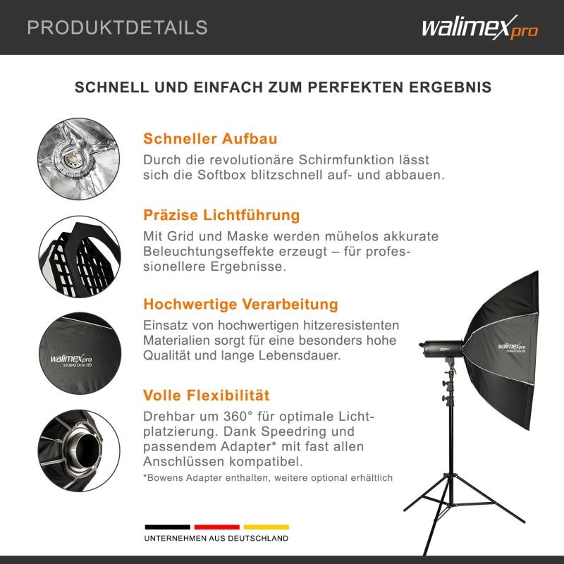 Walimex pro Oktagon-softbox 120 cm, Elinchrom- ja Bowens-adapterit, kenno, maski ja kuljetuslaukku
