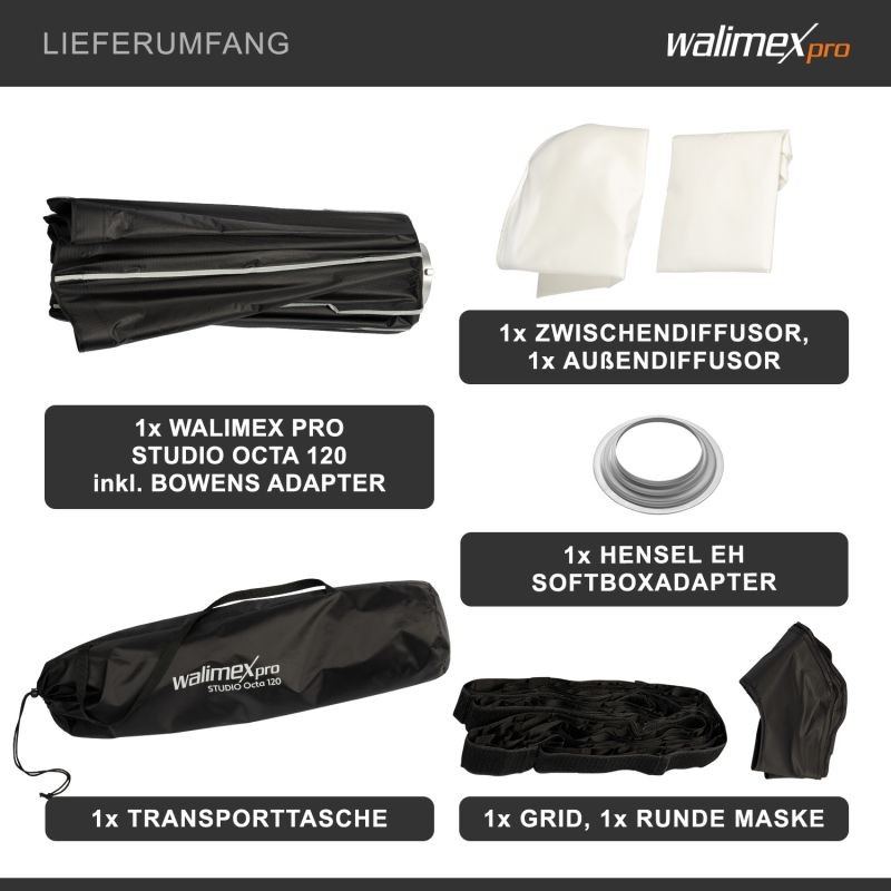 Walimex pro Studio Softbox Octagon 120 cm, kenno, maski, Bowens- ja Hensel EH -adapterit