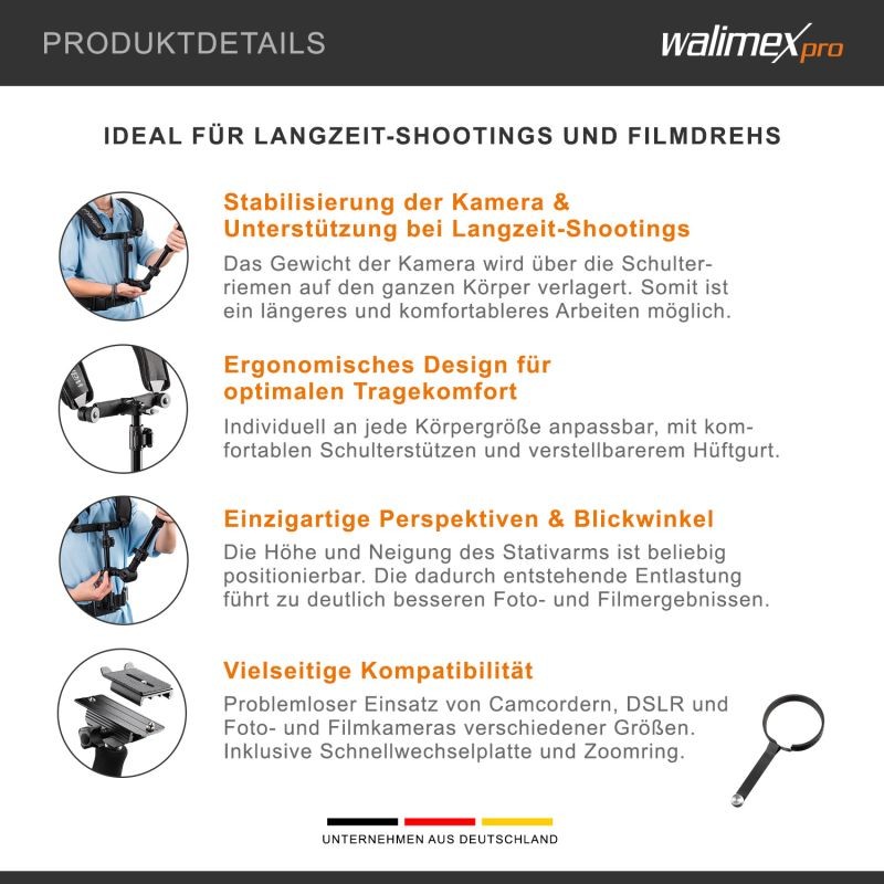 Walimex pro Video-olkatuki kameroille, ergonominen, musta, sisältää pikavapautuslevyn ja zoom-renkaan