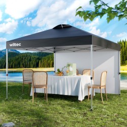Pop-up-paviljonki 3 x 3 m, harmaa, sivuseinällä, pyörillä, One Push -teknologialla ja säädettävillä jaloilla