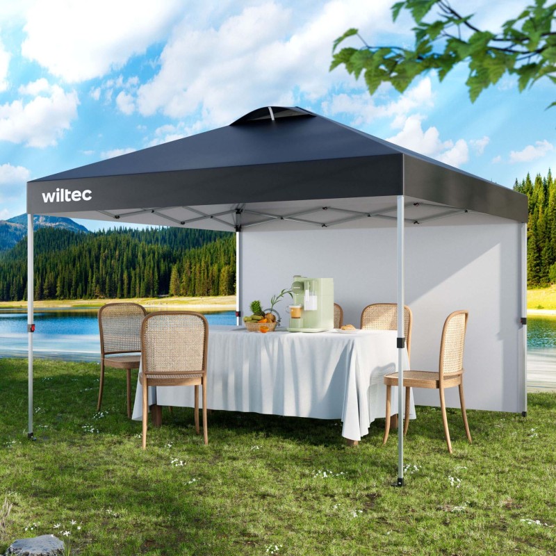 Pop-up-paviljonki 3 x 3 m, harmaa, sivuseinällä, pyörillä, One Push -teknologialla ja säädettävillä jaloilla