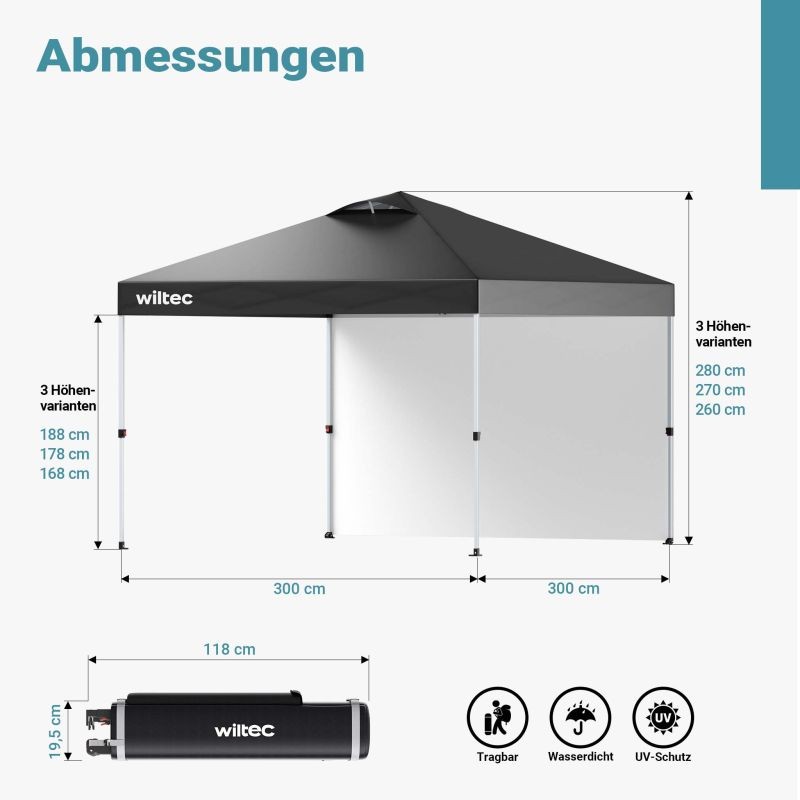 Pop-up-paviljonki 3 x 3 m, harmaa, sivuseinällä, pyörillä, One Push -teknologialla ja säädettävillä jaloilla