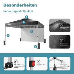 Pop-up-paviljonki 3 x 3 m, harmaa, sivuseinällä, pyörillä, One Push -teknologialla ja säädettävillä jaloilla