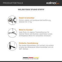 Walimex pro studioteline pyörillä 223 cm, kantavuus 12 kg, 2 kiinnityspidikettä