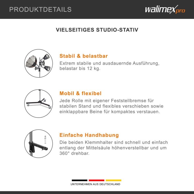 Walimex pro studioteline pyörillä 223 cm, kantavuus 12 kg, 2 kiinnityspidikettä
