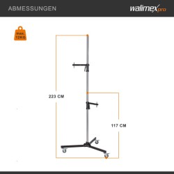 Walimex pro studioteline pyörillä 223 cm, kantavuus 12 kg, 2 kiinnityspidikettä