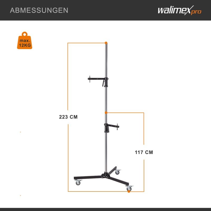 Walimex pro studioteline pyörillä 223 cm, kantavuus 12 kg, 2 kiinnityspidikettä