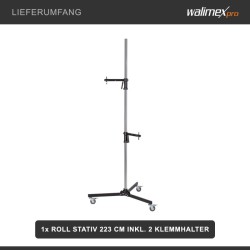 Walimex pro studioteline pyörillä 223 cm, kantavuus 12 kg, 2 kiinnityspidikettä